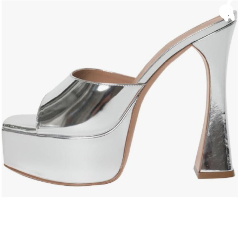 FSJ Silver Slip On Platform Heeled Sandals Peep Open Toe Chunky High Heels Mules